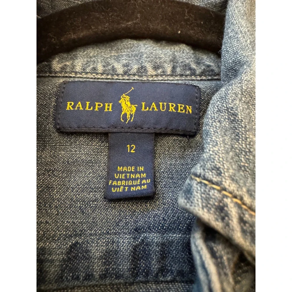 Ralph Lauren Denim Shirt Dress Kids 12 Blue Excellent Belted Long Sleeve Pony
